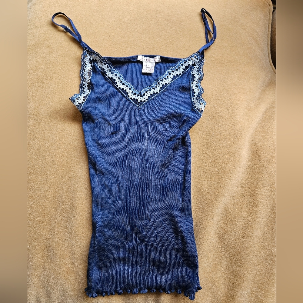 Salomay Navy Blue Lace Trim Cotton Women's Top - Size S